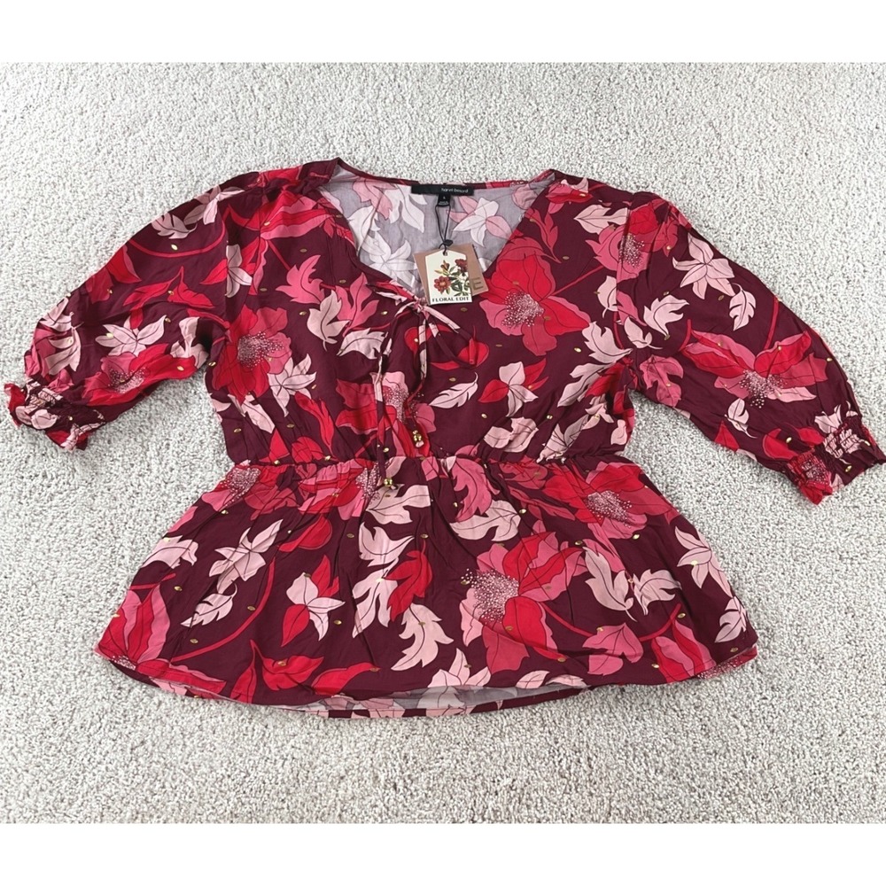 Harve Benard Floral Edit Peplum Top Burgundy Red Gold Foil V-Neck NWT Large